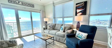 The crystal clear windows bring the outdoors in with optimal beach and sparkling gulf views.