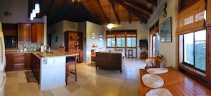 open concept of the living room, kitchen and dining area