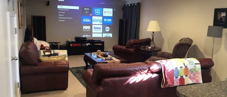 Home theater with 132” screen. Apps Usage Disney +, Netflix, and Amazon Prime