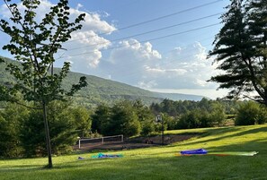 Beautiful large yard area complete with sports court, pickle ball and basketball