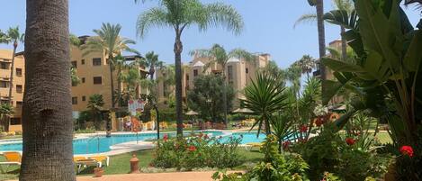 View from front terrace over the pools and to the sea