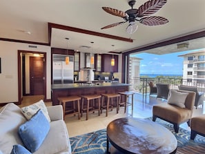 Sliding lanai doors recess all the way in to the walls to bring the outdoors in