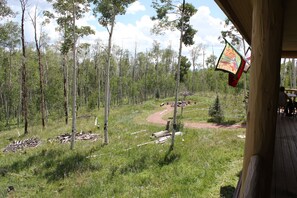 View of property from deck and the path to the fire pit.