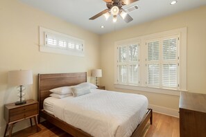 Bedroom - mid century modern queen bed with dresser and 2 night stands
