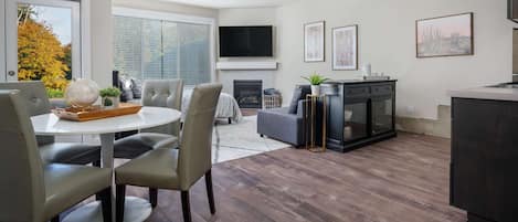 Really tasteful furnishings and setup. Comfortable place, easy access to MAX and trolley trail. Love the fireplace.  -Jane