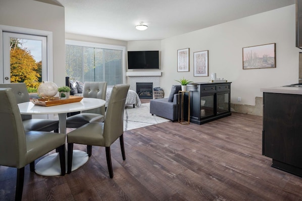 Really tasteful furnishings and setup. Comfortable place, easy access to MAX and trolley trail. Love the fireplace. -Jane