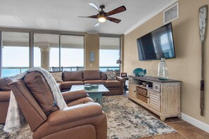 New LazyBoy leather sectional and reclincer make it inviting