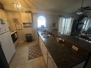 Well equipped kitchen with granite countertops 