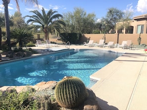 Private Pool with water fall, baja, spa and views of Four Peaks and Golf Course