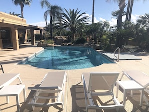 Pool view of Four Peaks Mountain, waterfall feature