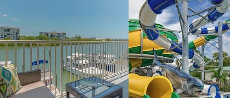 NEWLY REMODELED! Watch the boats pass and dolphins play from the unit's private balcony or water park the day away on the slides and lazy river!!