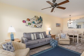 View of the living/dining area from the units private balcony