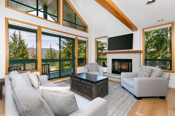 Living area with vaulted ceilings, fireplace, and TV