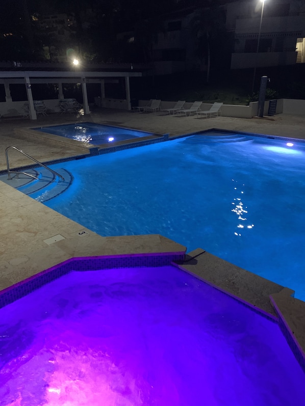 Pool (just steps from the villa) light up at night