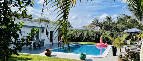 Beautiful tropical backyard & BIG saltwater pool. Plenty of chairs and loungers.