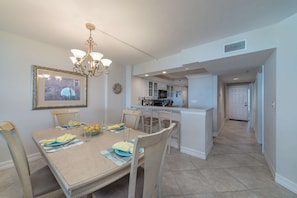 The large dining table easily seats six - just pull up the extra chairs provided.