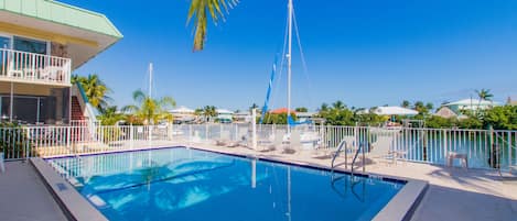 Enjoy water views while at the heated saltwater pool!