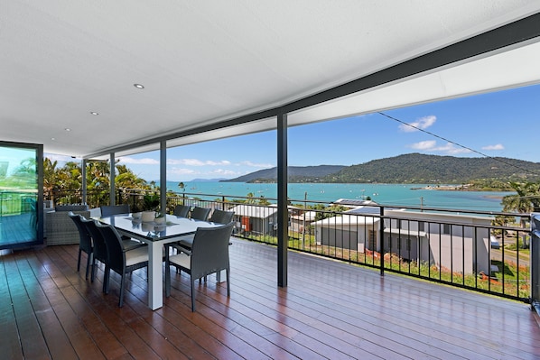 The stunning view looking out to Hayman Island and across the Bay of Airlie.  