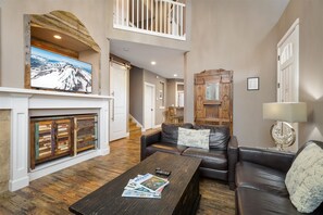 Large smart TV for streaming, natural gas fireplace
