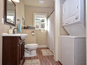 Bathroom with stackable washer and dryer