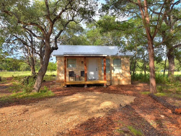 Front of cabin with parking area