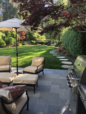 Weber gas grill and walkway to back of the yard