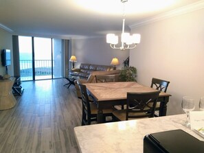 View from the kitchen through the dining and living area.