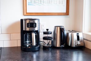 2-slice toaster, kettle, drip coffee maker with filters, french press coffee pot
