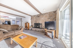 Living Area - Real wood fireplace, flat screen TV, and seating for the whole family.