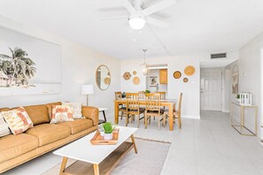 Beautiful boho-chic beach condo with warm, inviting decor and modern touches.