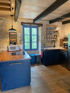 Well-equipped kitchen with induction stove, oven, microwave and dishwasher