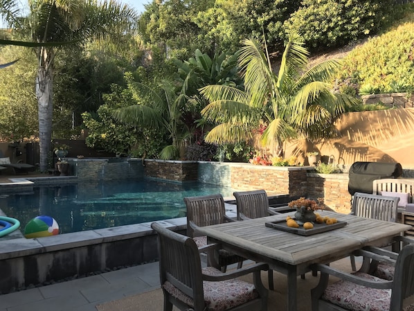 Private yard, salt water heated pool