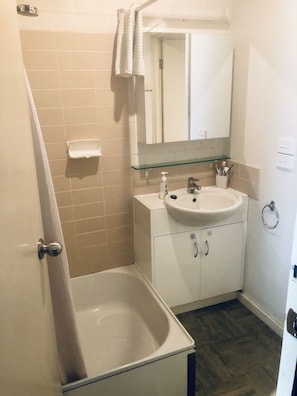 Bathroom with shower over half bath & toilet
