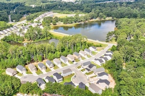 Lake property aerial view, our house is back row with backyard facing the lake.