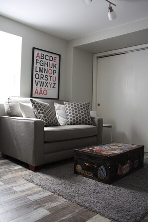 Living Room - Couch converts to 36" x 75" memory foam bed.