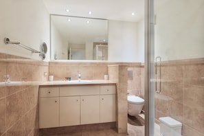 Salle de bain douche, toilettes et lavabo