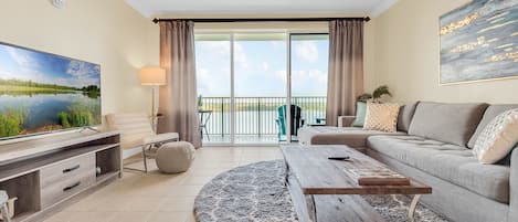 Modern decor and floor to ceiling views of Lake Bryan.