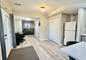 A work station with desk and bookcase for storage with secure high speed WiFi.