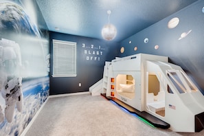 NASA Space Bedroom with Spaceship bunk-bed, slide and space toys!