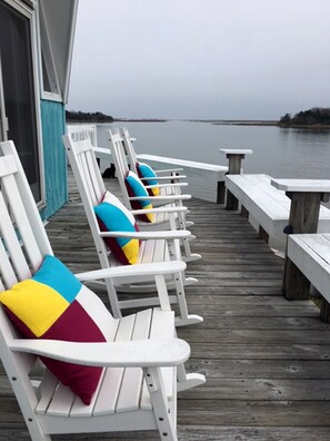 Deck with rocking chairs and great view.