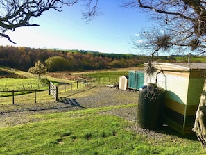 Parking area, with the static caravan on the right.