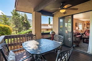 Quiet patio to enjoy meals and coffee