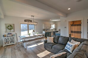 Living room, bathroom, bedroom # 2 off to the right. Lake views