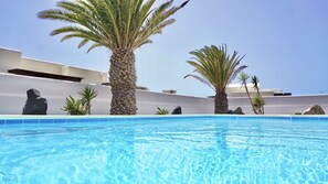 Private swimming pool surrounded by tall palm trees 🌴