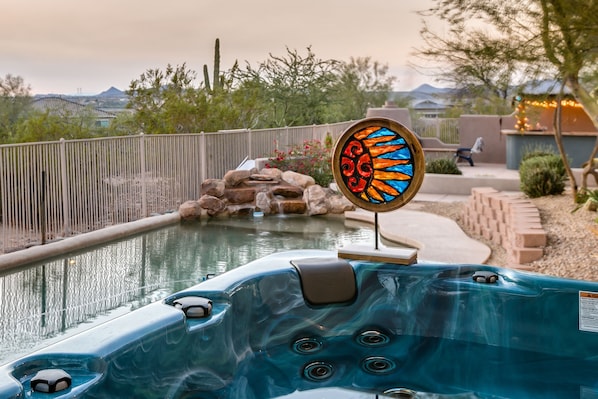 The 56 jet hot tub features great sunset and desert views