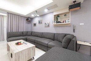 Spacious Living Room: 
• Large Comfy Sofa
• Projector & Screen
• Audio System 

