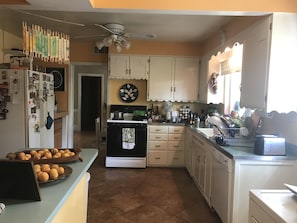 Large kitchen with window and door to back yard.