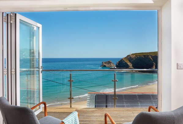 Westaway, Portreath. Second floor: Open-plan living area with panoramic sea views of Portreath