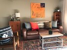 Leather couch, pillows, throws, live plants, books, puzzles, smart TV with cable