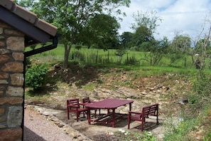The garden with BBQ, fields directly behind extending into woodland for roaming
